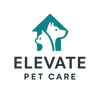 Logo of Elevate Pet Care with two dogs under a roof on a white background