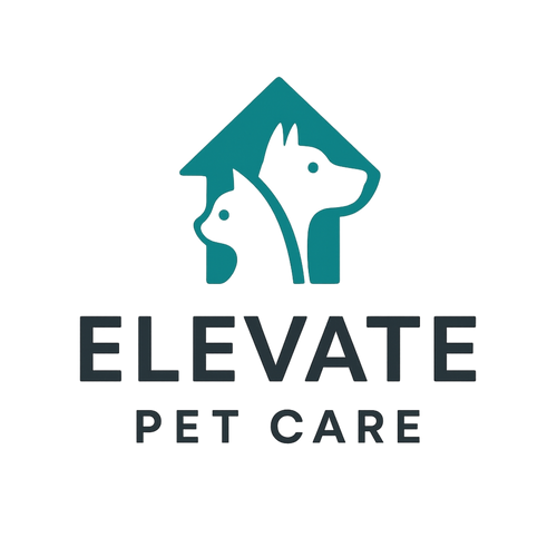 Logo of Elevate Pet Care with two dogs under a roof on a white background